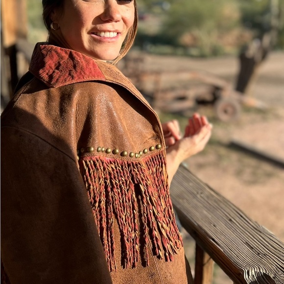 C- SCULLY RARE VTG chocolate brown Red Fringe Suede leather Jacket - Picture 3 of 14